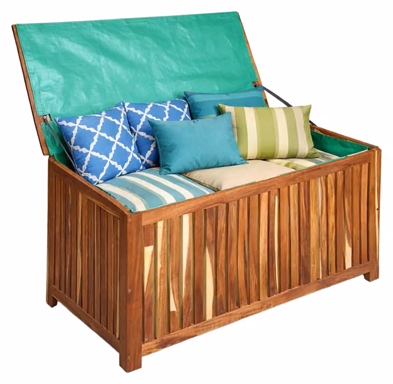 Relaxdays, scatola da giardino, cuscino per seduta, attrezzi, 60x90x50 cm, legno di acacia, rivestimento impermeabile, ideale per balcone, cassetta da giardino, colore naturale