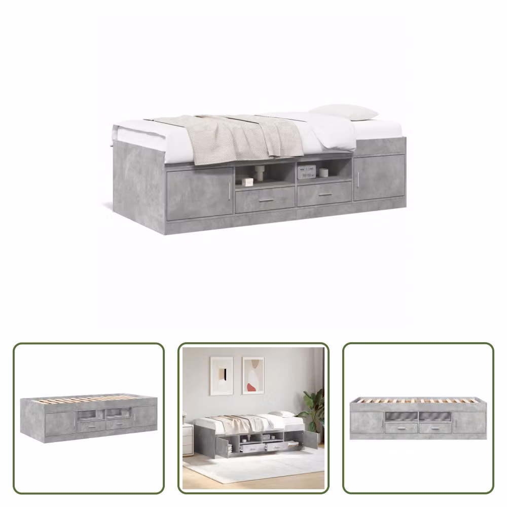 The Living Store Letto da giorno con cassetti grigio cemento 90x200 cm materiale legno