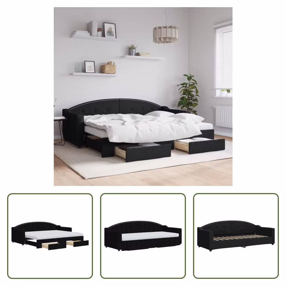 The Living Store Lettino allungabile con cassetti nero 80x200 cm in tessuto