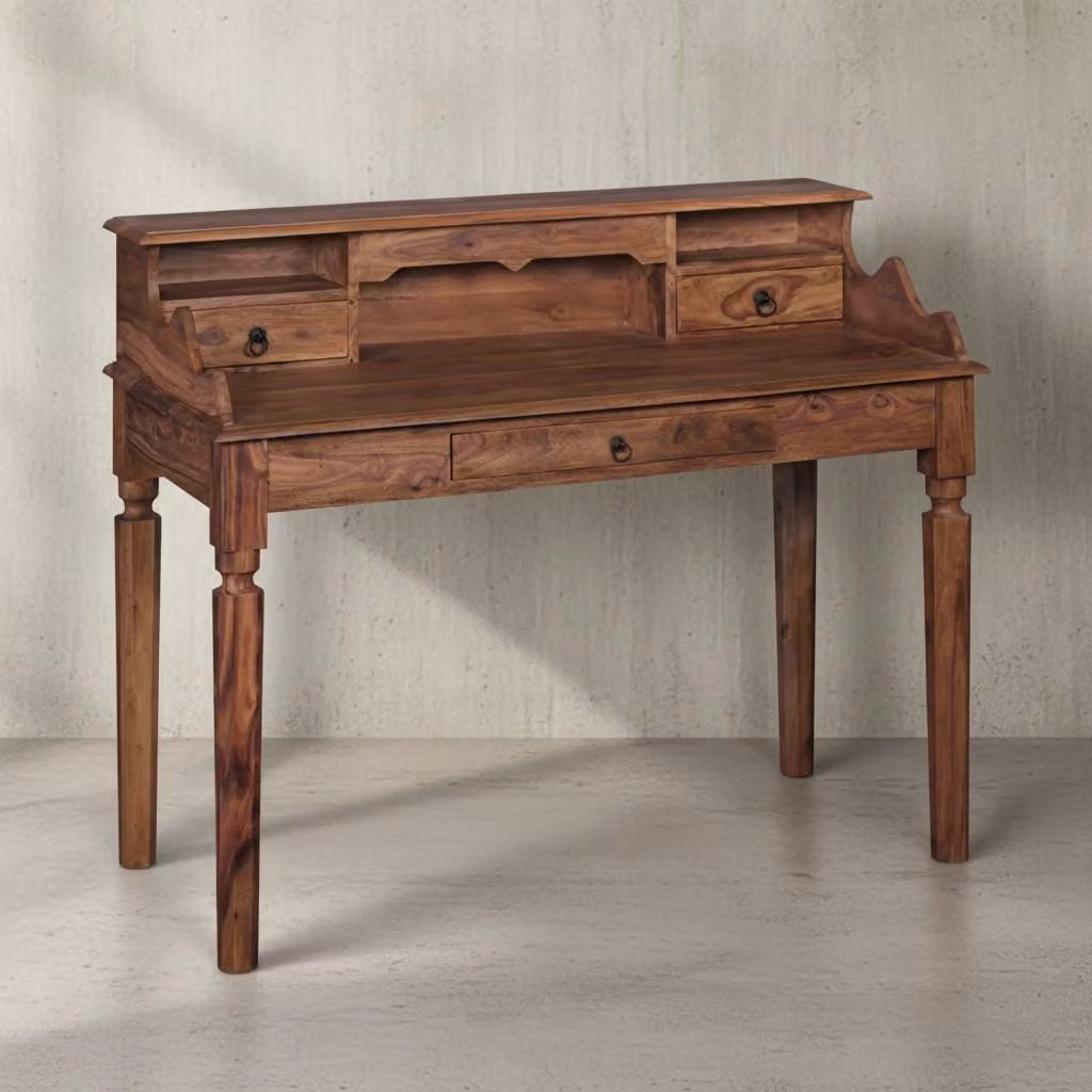 Tavolo country in legno di sheesham, dall'aspetto vintage, con 3 cassetti, pratico ed elegante. 115x60x100 cm | Kadima Design