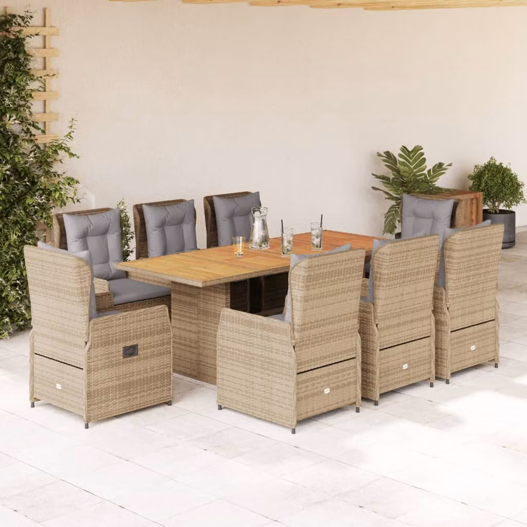 Set da pranzo da giardino vidaXL in polyrattan con cuscini beige e grigi e tavolo in legno di acacia, 9 pezzi