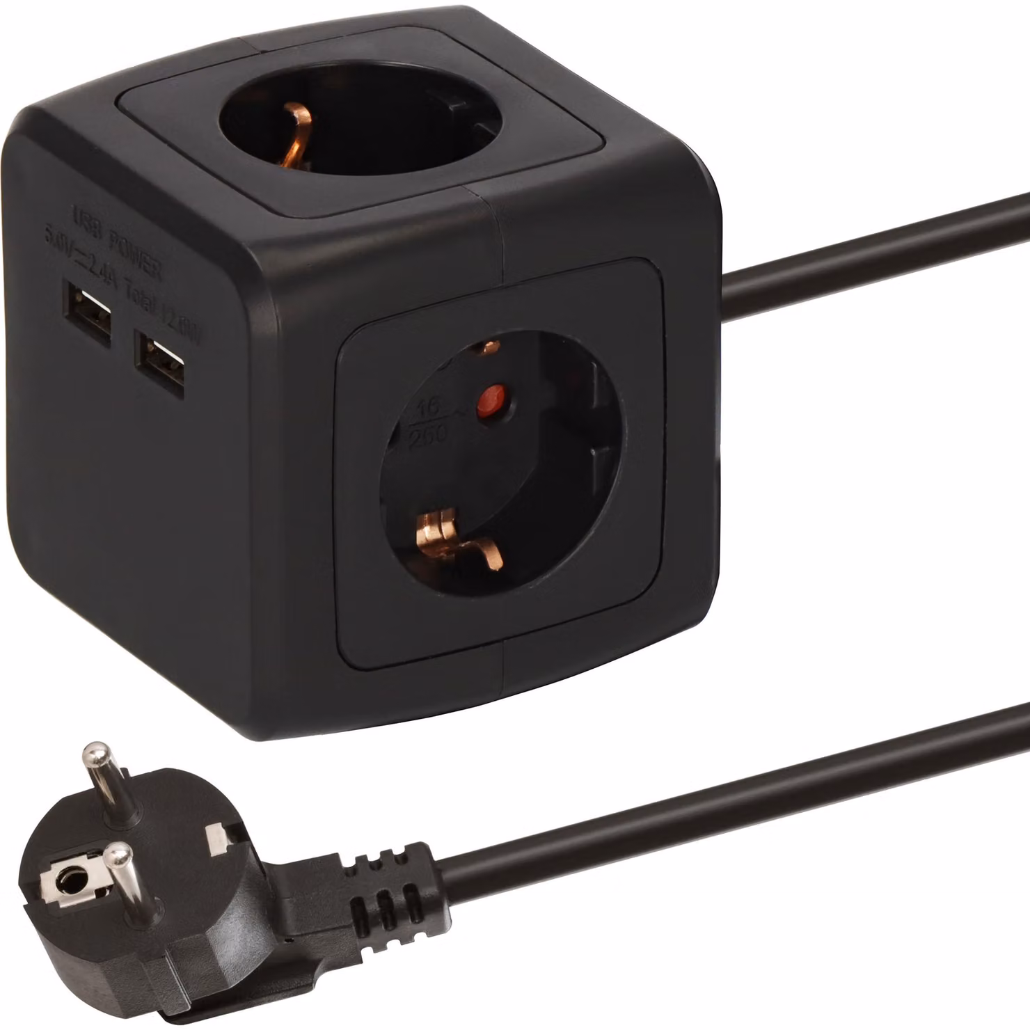 BAT Multipresa a cubo a 4 prese con 2 porte USB (multipresa con protezione anti-contatto rinforzata e cavo da 1,4 m) nera
