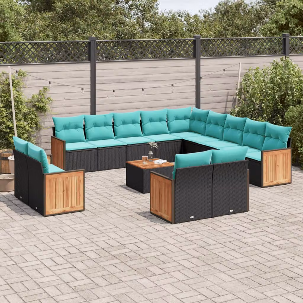 Set di divani da giardino vidaXL a forma di U in polyrattan nero con cuscini e tavolino da esterno