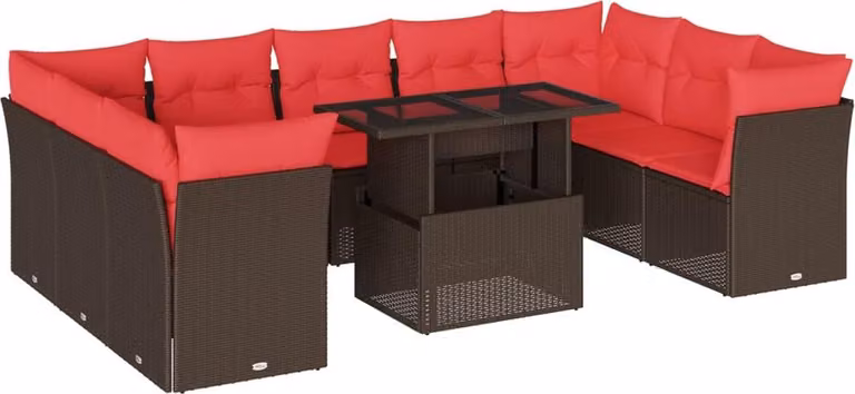Set Divani da Giardino 10 pz con Cuscini Marrone in Polyrattan