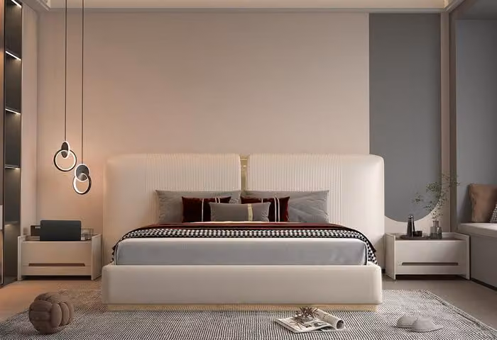 Polsterbett Luxus Design Bett Schlafzimmer Möbel Beiges Kopfteil Elegant