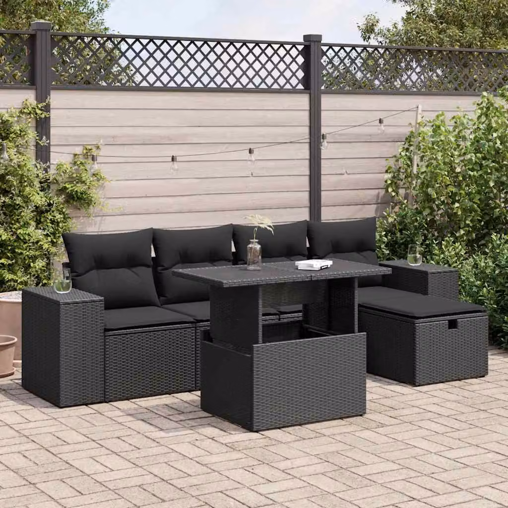 Set Divano da Giardino vidaXL 6 pz in Polyrattan Nero con Cuscini e Tavolino da Esterno a Forma di L