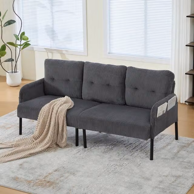 Divano a 3 posti in corduroy grigio 171x72x80 cm con tasca laterale e struttura in metallo