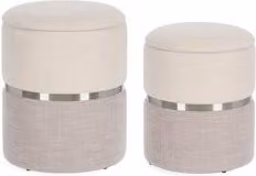 Set di 2 Pouf Contenitore Rotondi Bizzotto in Tessuto con Anello Dorato Bianco, Grigio, Beige e Oro