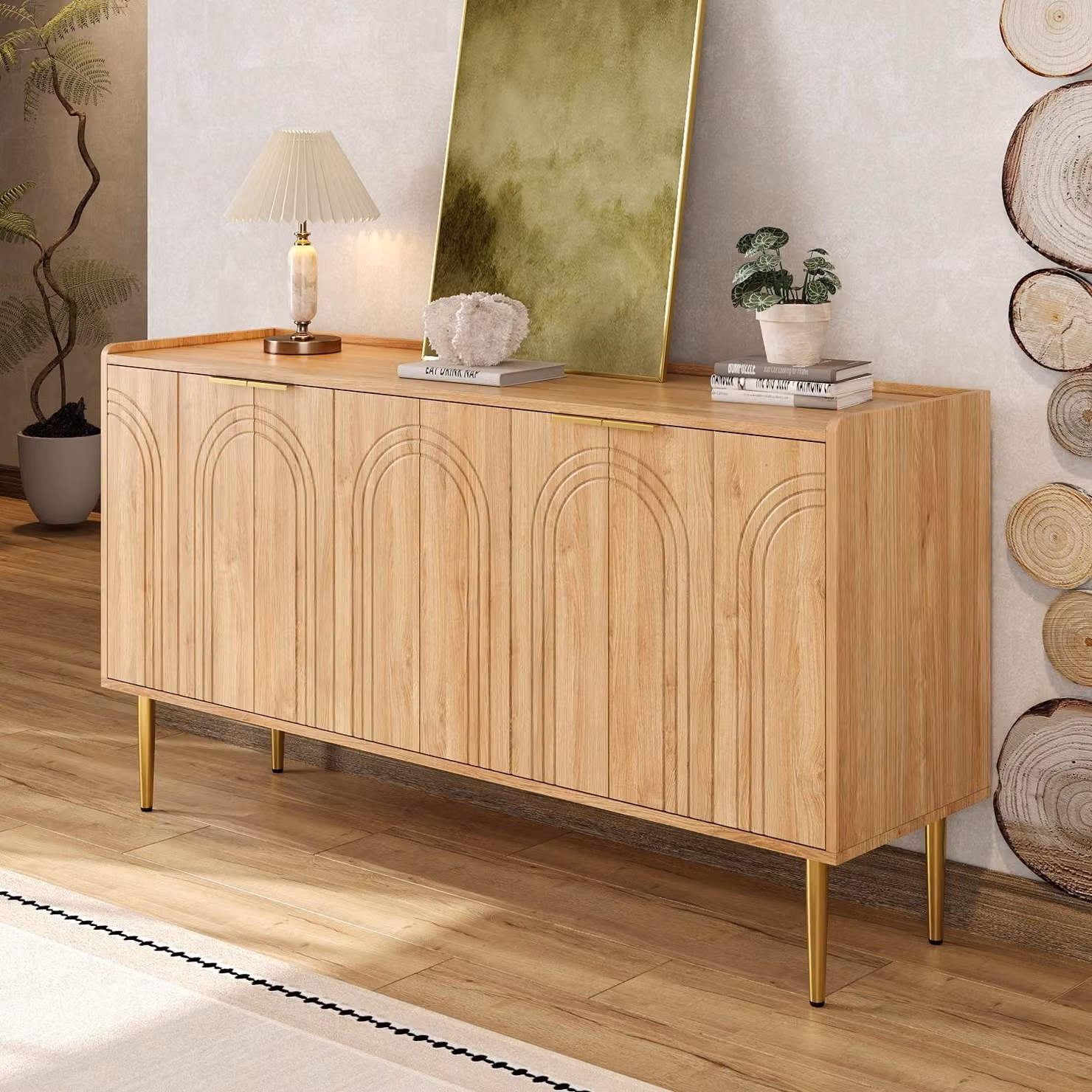 Credenza Merax con 4 ante e ripiani regolabili, credenza con ante curve e gambe in ferro dorato, cassettiera moderna nature