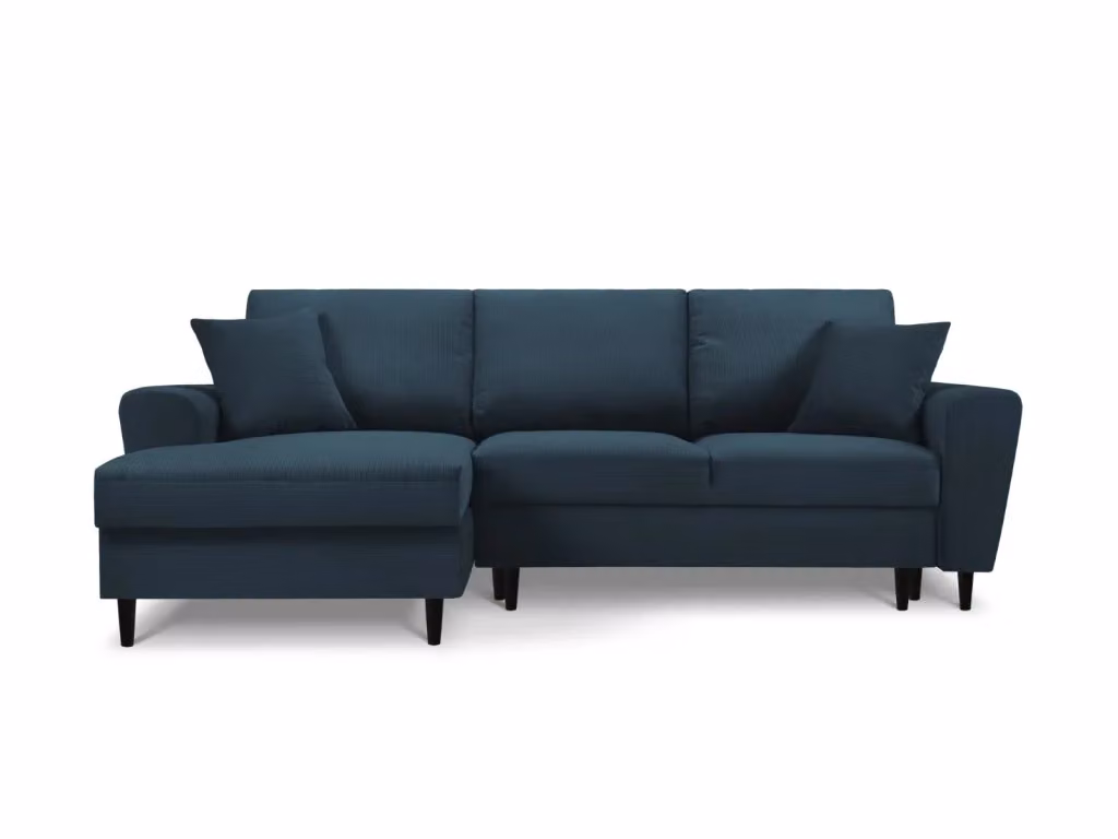 Divano convertibile angolare sinistro Cosmopolitan Design Kyoto in velluto a coste blu scuro con box contenitore, 4 posti, L/P/H: 241 x 174,8 x 88 cm – 2