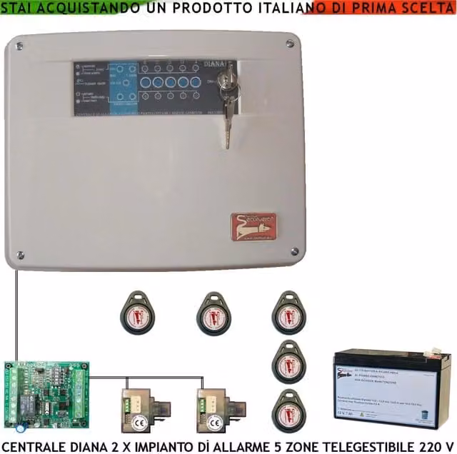 Centrale Antifurto Diana Securvera 5 Zone con 5 Chiavi, 2 Lettori, 2 Meccaniche e Batteria 12V 7Ah per Impianto Via Filo, Colore Bianco – 1