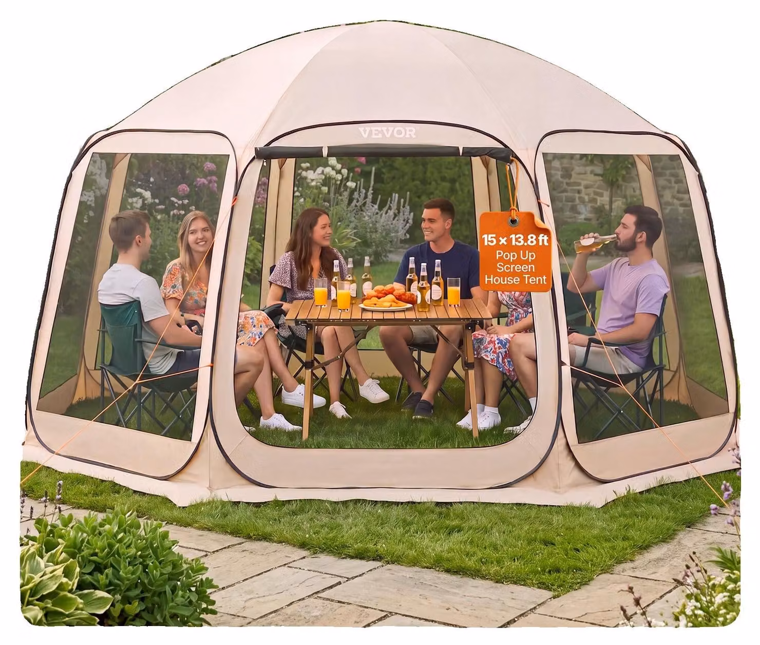 Tenda da campeggio VEVOR, 457,2x420,6x245 cm, tenda per feste per 12-15 persone, tenda a scomparsa, inclusa borsa per il trasporto, pareti laterali in rete e picchetti, per giardino, patio e attività all'aperto, beige