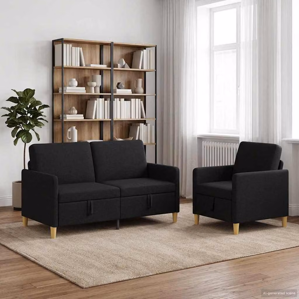 Set di 2 divani moderni vidaXL con contenitore, rivestimento in tessuto nero e marrone, seduta con apertura a sollevamento per il soggiorno