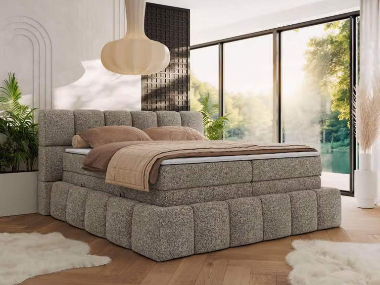 Letto MKS MEBLE a molle insacchettate 200 x 200 con rete NIRA KING, letto imbottito 7 zone con materasso multitasche e topper, letto matrimoniale - struttura grigia - H4