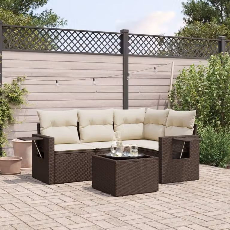 vidaXL Set Divano da Giardino 5 pz a L in Polyrattan Marrone con Cuscini e Tavolino