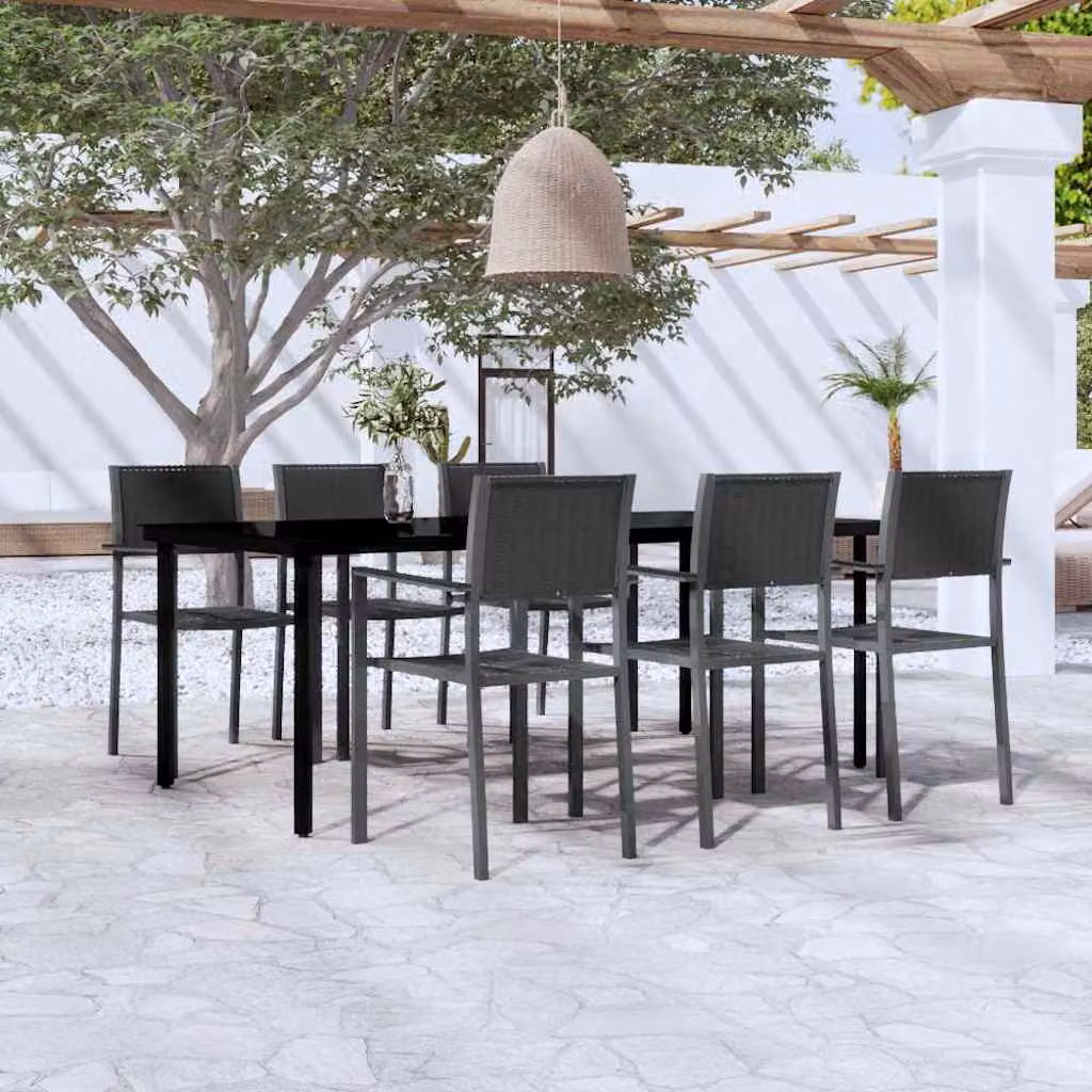 Set da giardino vidaXL in acciaio verniciato nero con piano in vetro, 7 pezzi