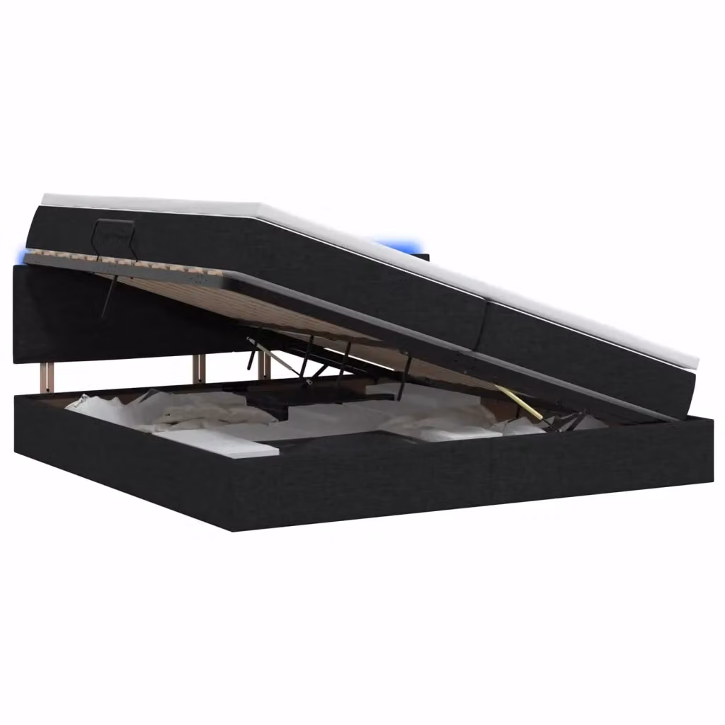 Letto con contenitore vidaXL in tessuto nero con illuminazione LED e porta USB, L 200 cm x P 200 cm x H 34 cm – 2