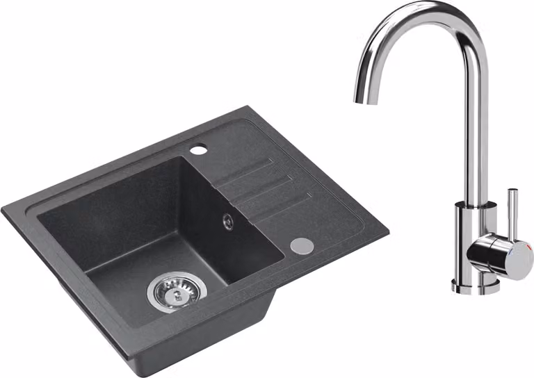 VBChome Lavello in granito nero con rubinetteria 55 x 44 cm Lavello da incasso a vasca singola Macchiettato Reversibile Lavello in granito Sifone Rubinetteria per lavabo