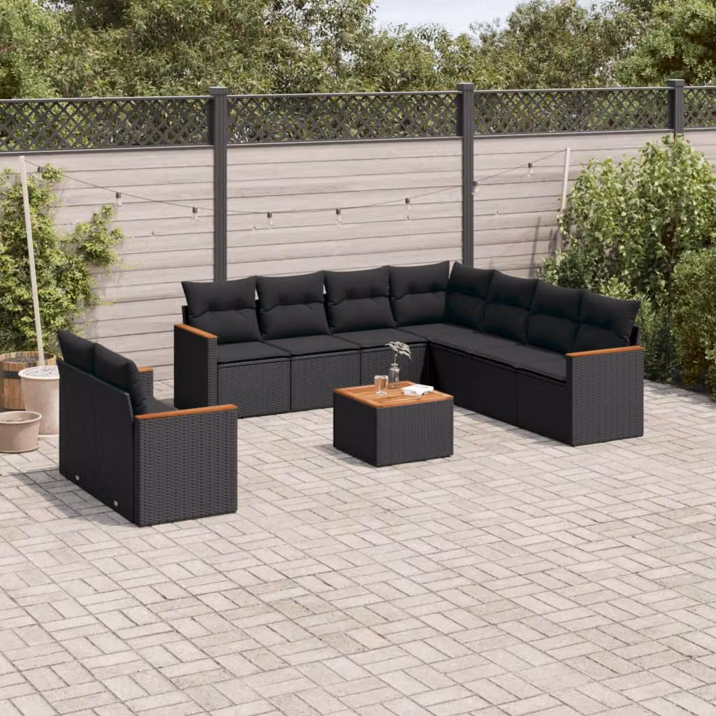 vidaXL Set Divani da Giardino 10 Pezzi in Polyrattan Nero con Cuscini e Tavolino da Esterno – 1