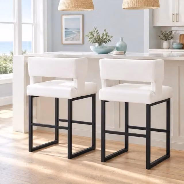 Sedia da bar imbottita in PU bianco con gambe in metallo nero; altezza 91;4 cm