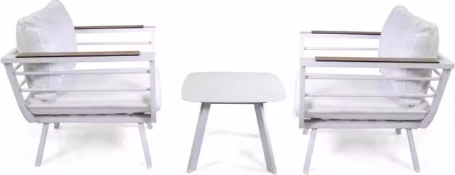 Set salotto da esterno Riverside Vacchetti in alluminio bianco con braccioli in HPL e cuscini inclusi, composto da 3 pezzi
