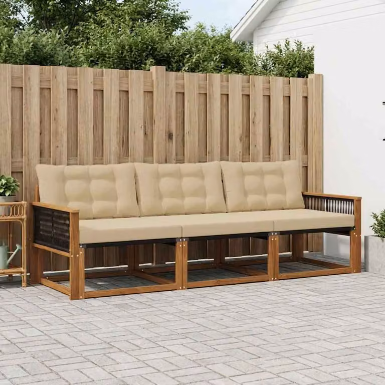 Set di divani da esterno vidaXL in legno di acacia e textilene, colore beige e sabbia, composto da 3 pezzi con cuscini inclusi