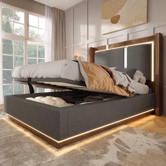 Letto contenitore WISHDOR con illuminazione LED e struttura a sollevamento idraulico, L/P/H: 209 x 90 x 106 cm, colore noce e tessuto grigio/marrone