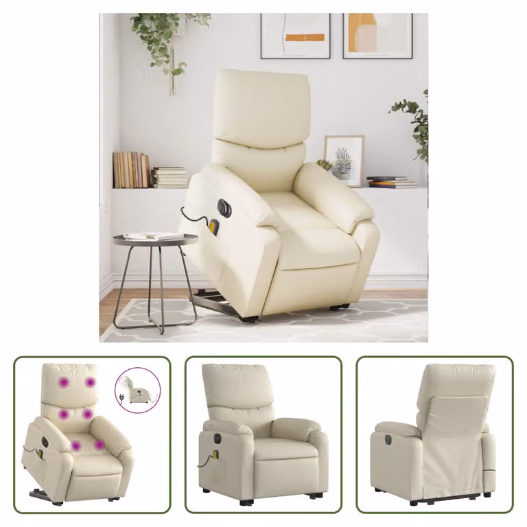 The Living Store Poltrona massaggiante con ausilio elettrico in ecopelle crema