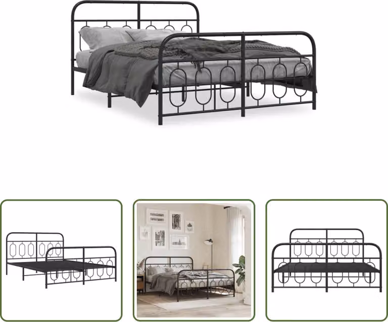 The Living Store Struttura letto con testiera e pediera in metallo nero 135x190 cm