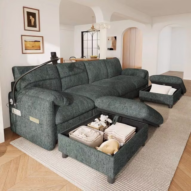 Divano angolare 6 posti con poggiapiedi contenitore ¨C Minimal ¨C verde, tessuto chenille, con porte di ricarica USB