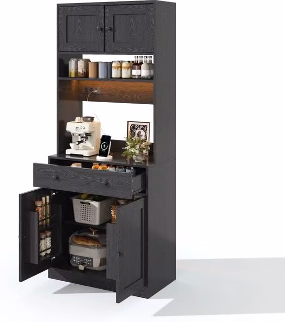 Mobile dispensa cucina alto 180 cm in MDF nero con LED RGB; prese; porte USB; cassetto e ripiani