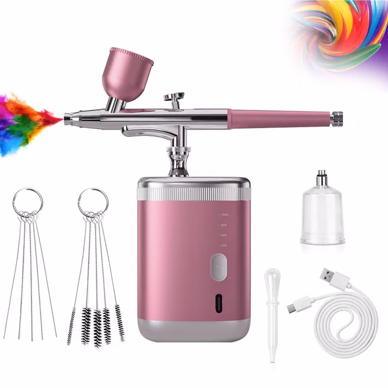 Kit per aerografo, senza fili, ugelli da 0,3/0,5 mm, 3 livelli di pressione, colore rosa