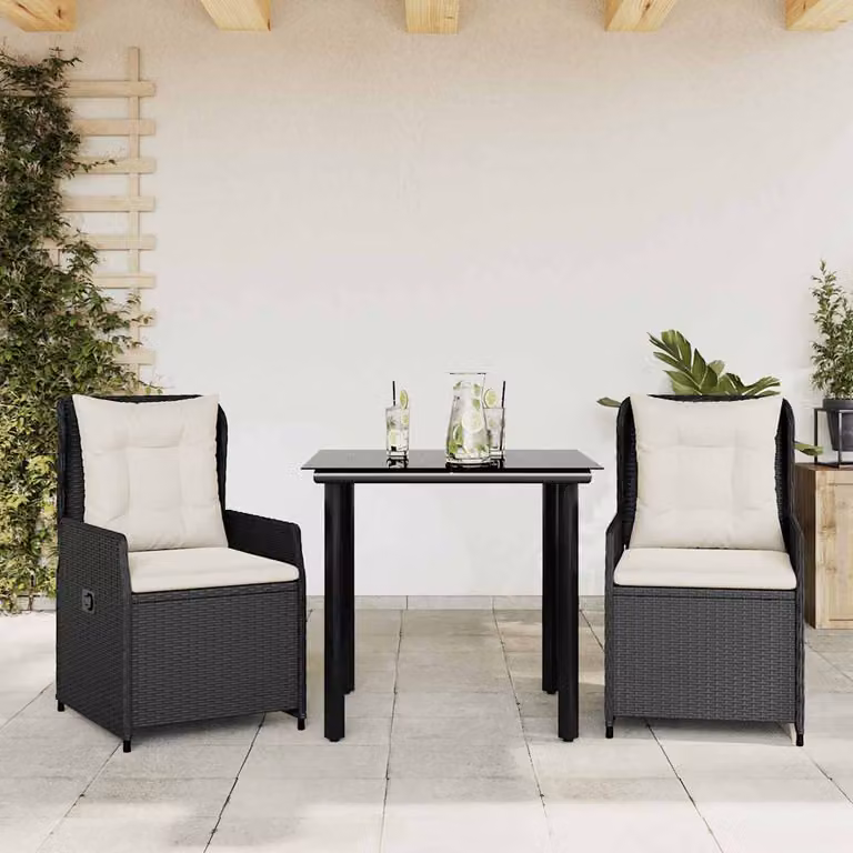 Set da Pranzo da Giardino 3 pz vidaXL in Polyrattan Nero con Cuscini e Tavolo in Vetro