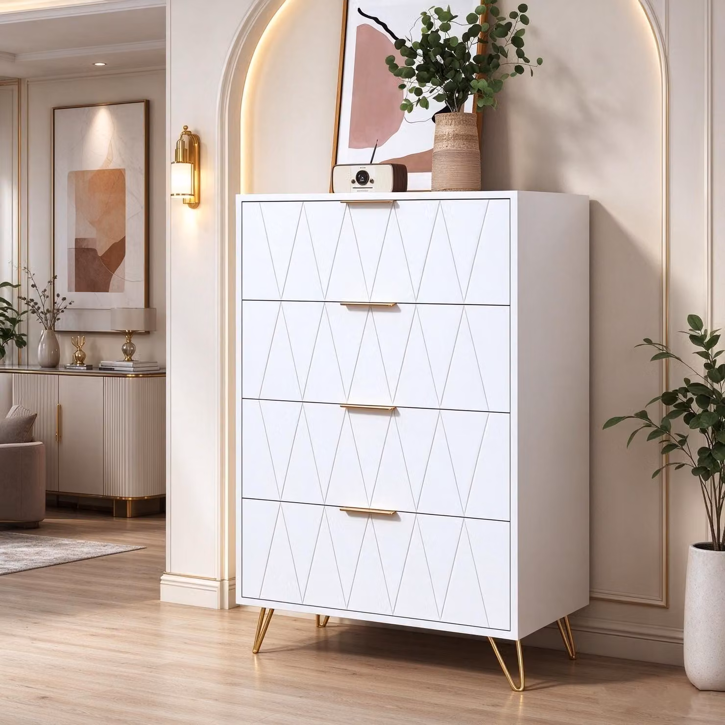 Comodino INONEFT con 4 cassetti e maniglie in metallo, mobiletto contenitore, cassettiera stretta per soggiorno, camera da letto, ingresso, dimensioni 60x34x90 cm - Bianco