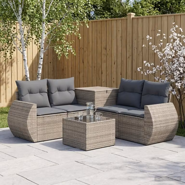Set di divani da giardino vidaXL in polyrattan con tavolino e cuscini, colore grigio e antracite