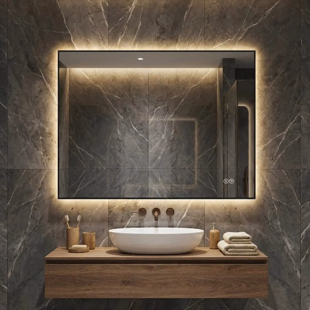 Specchio da bagno WISHDOR moderno con retroilluminazione LED, antiappannamento e dimmerazione, L: 60 cm, H: 80 cm, disponibile in argento o nero – 2