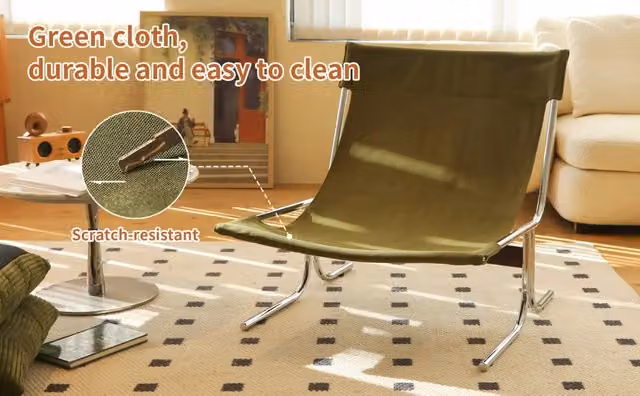 Sedia relax Minimal verde in velluto con gambe in metallo per soggiorno, camera o balcone