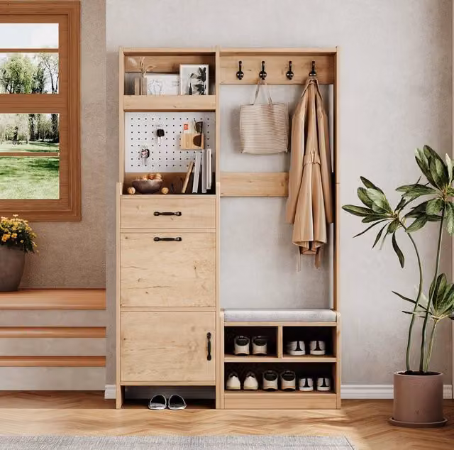Mobile guardaroba da ingresso MODFU con panca, 2 ante, cassetto e 4 ganci, beige, L: 108,5 cm, P: 35 cm, H: 180 cm