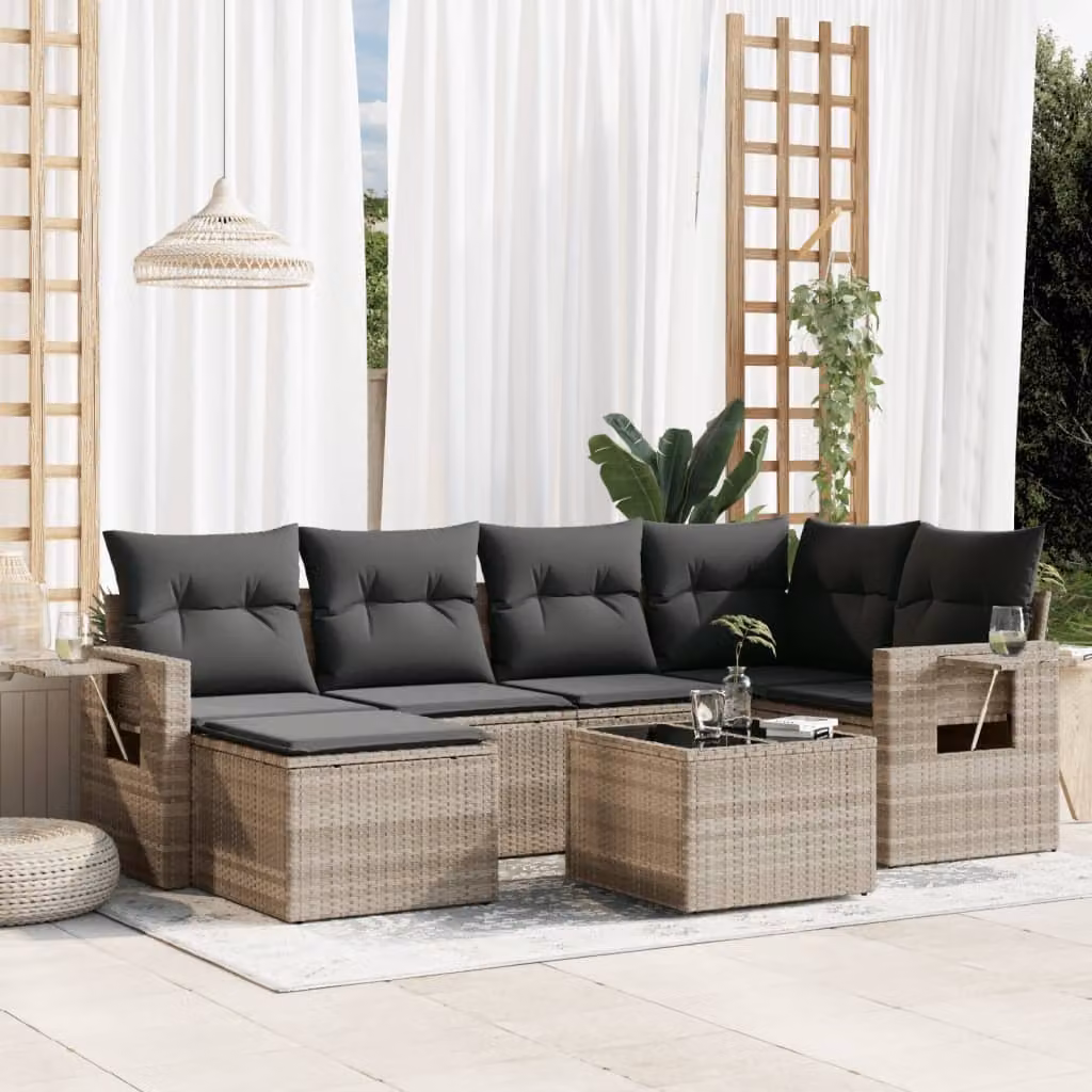 vidaXL Set Divani da Giardino 7pz in Polyrattan con Cuscini Grigio Chiaro e Tavolino – 1