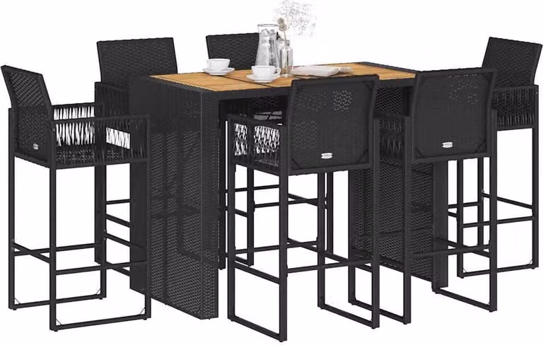 Set da giardino esclusivo, composto da 7 pezzi, senza cuscini, in rattan sintetico nero, con struttura in legno di acacia
