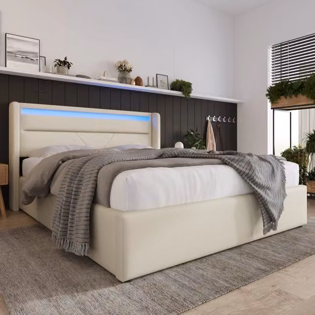 Letto matrimoniale contenitore 160 × 200 cm con LED regolabile e sollevamento idraulico, materasso incluso, bianco