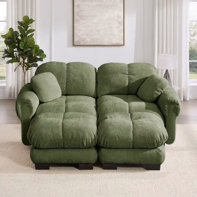 Divano 2 posti verde ¨C Minimal ¨C tessuto chenille trapuntato con poggiapiedi imbottito