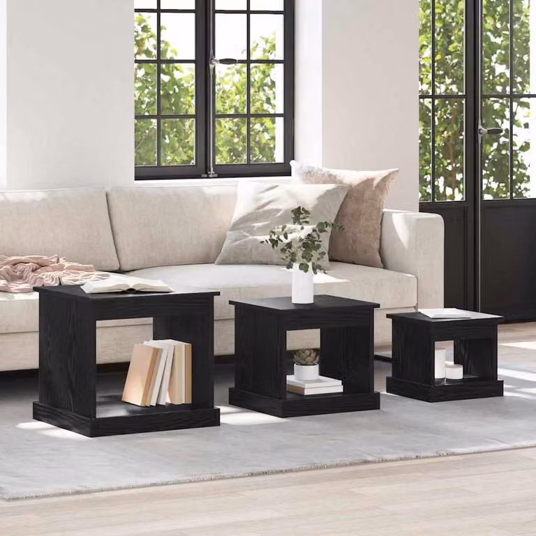 Set di 3 tavolini da salotto vidaXL in stile rustico, colore nero e rovere, L/P/H: 48 x 45 x 45 cm