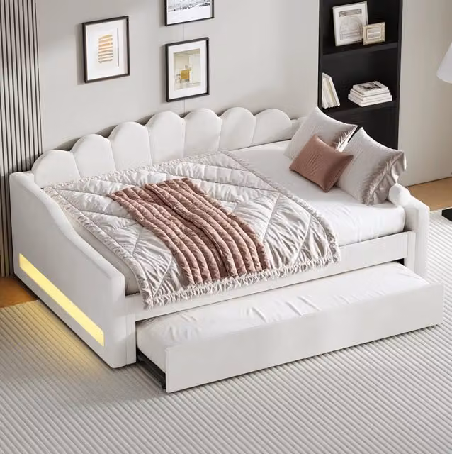 Letto da giorno imbottito 140x200 cm beige con LED a 7 colori e letto estraibile
