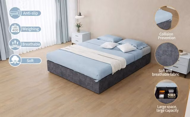 Letto contenitore imbottito con pistoni pneumatici, velluto olandese, grigio, 140x200 cm, senza materasso