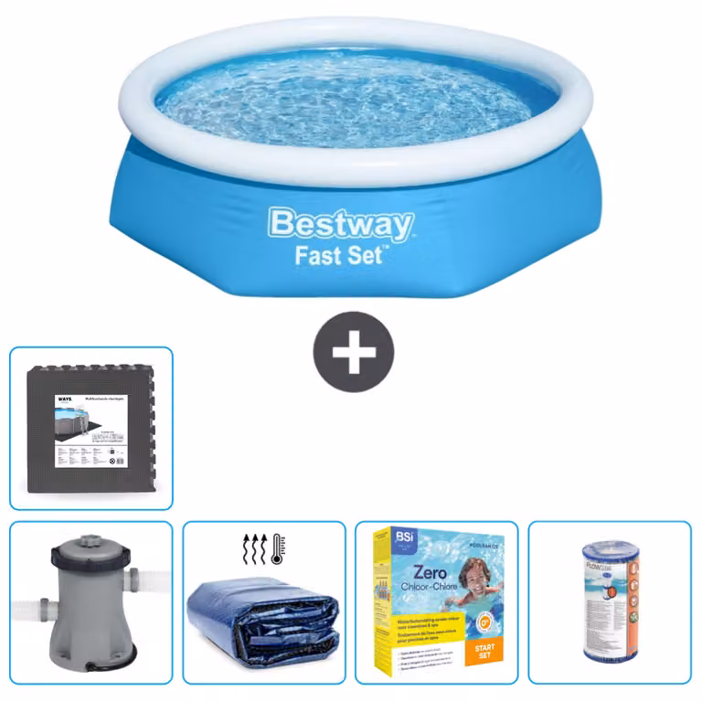 Piscina gonfiabile rotonda Bestway a presa rapida - 244 x 61 cm - blu - inclusa pompa tenda - pacchetto manutenzione - filtro - piastrelle per il pavimento