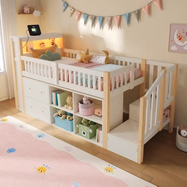 Letto a soppalco ¨C Minimal ¨C 90x200 cm, pino naturale, con cassetti, luci LED, senza materasso