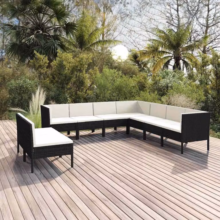 Set di divani da giardino vidaXL a forma di U composto da 9 pezzi con cuscini bianchi e struttura in metallo nero