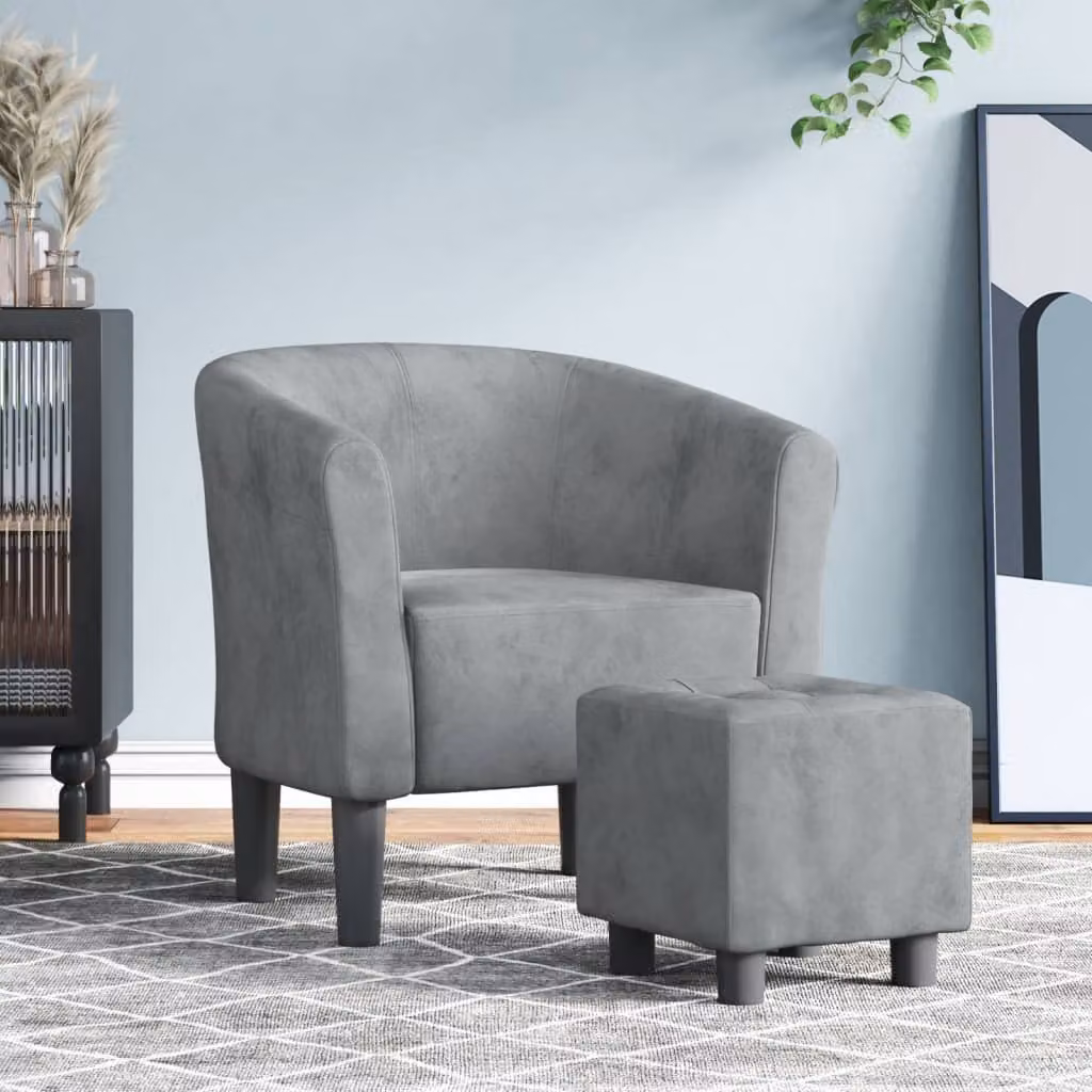 vidaXL Poltrona Cabriolet con Poggiapiedi in Velluto Grigio con Braccioli e Design Moderno