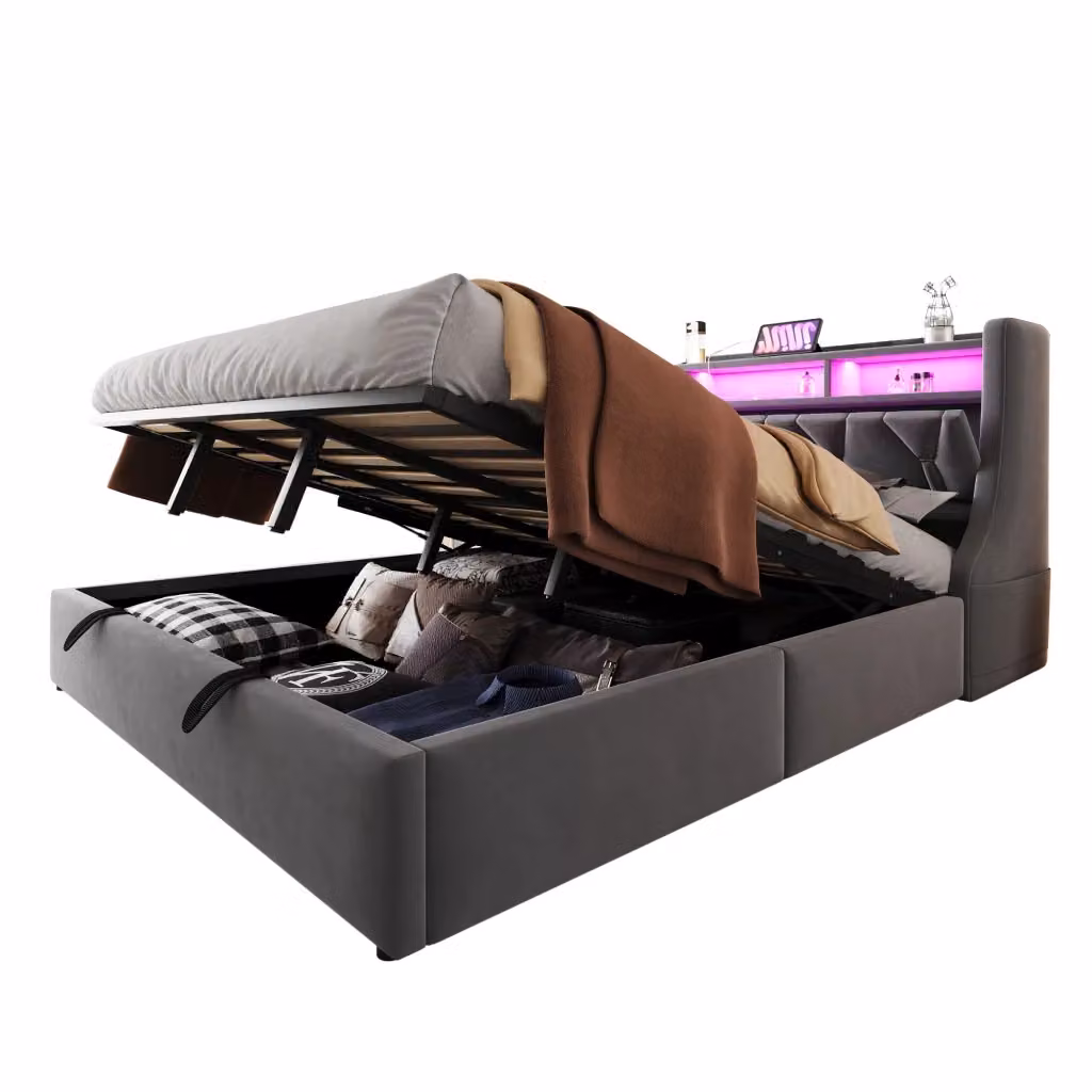 Letto contenitore matrimoniale in velluto grigio con testiera ribaltabile, illuminazione LED e porte USB/Type-C, L/P/H: 180 x 200 x 66,5 cm – 2